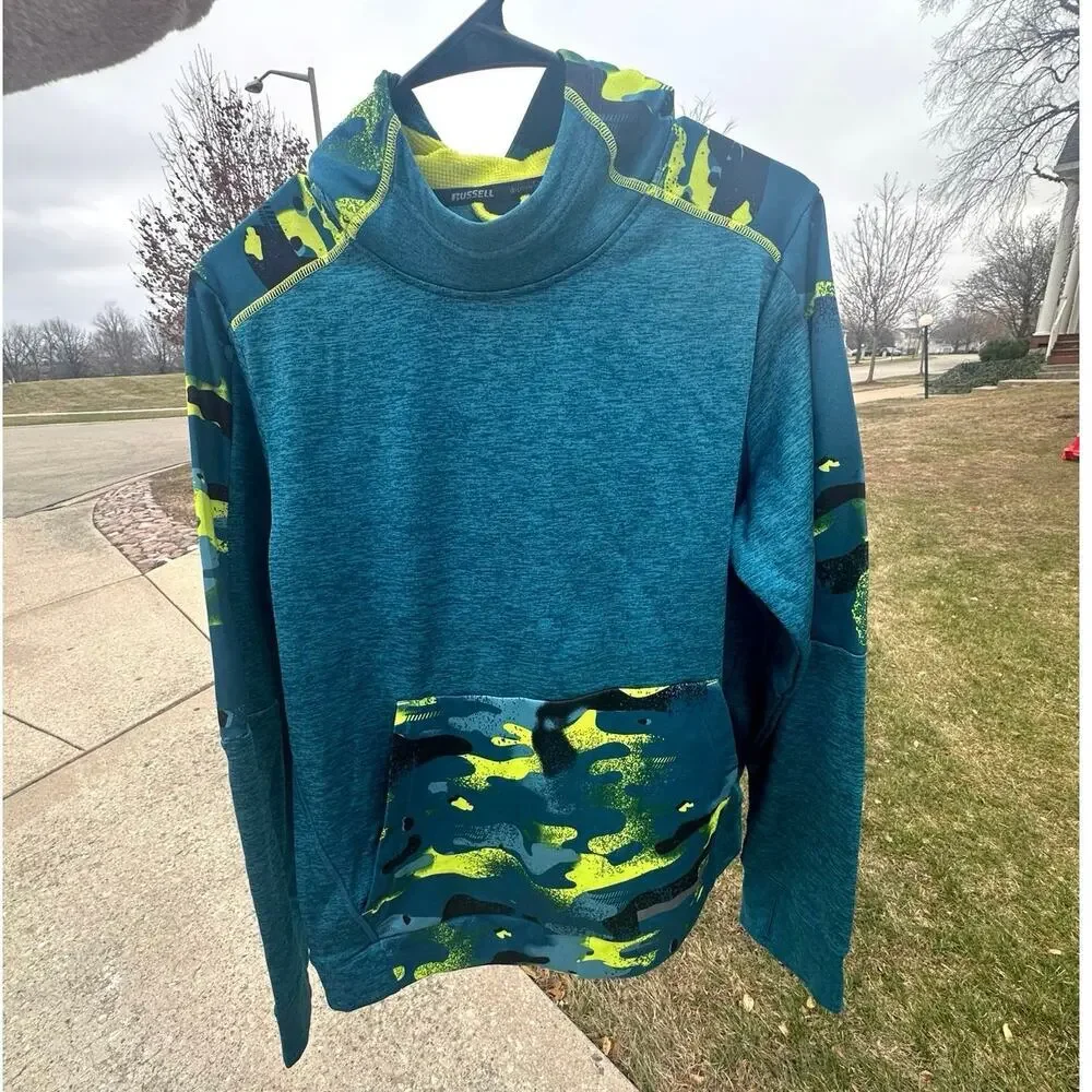 Russell Boys Tech Fleece Teal Green Camouflage Hoodie Sweatshirt Size‎ 18 xxl